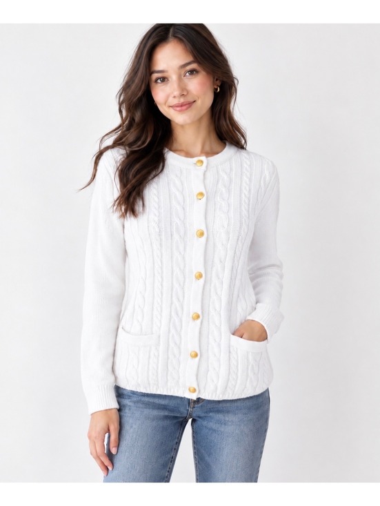 Sweaters - Vintage Classic Elements White Cable Knit Gold Button Cardigan Petite XS